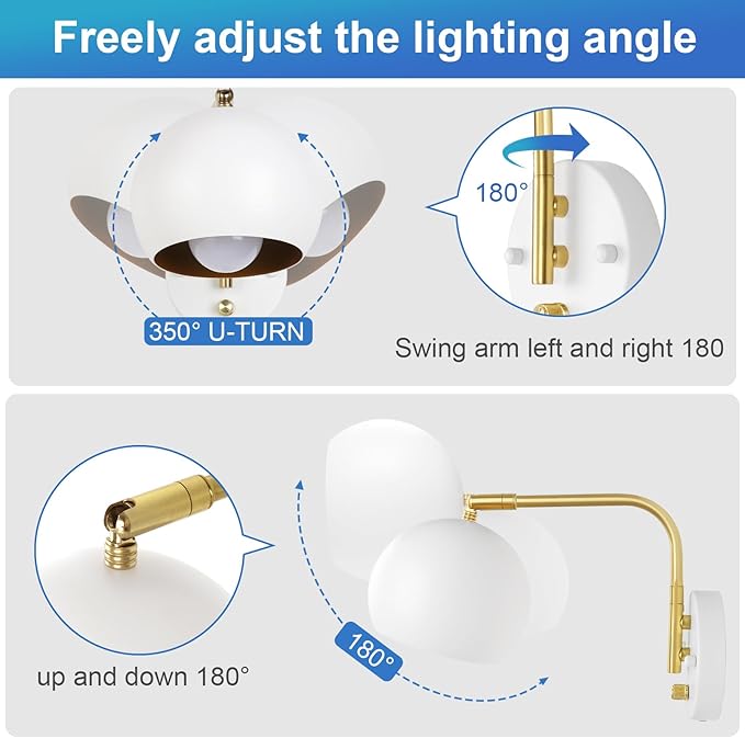 Wall Sconce with Remote Control, Plug in Wall Sconces Dimming 0-100% and Adjustable Color Temperature 2700K-6000K, Brushed Brass White Globe Swing Arm Wall Lights with Plug in Cord(2 Bulbs)