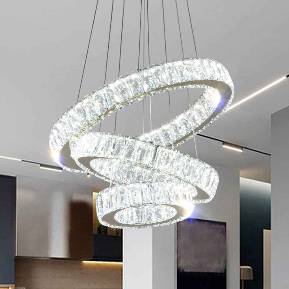 Modern LED Chandeliers Crystal Pendant Light 3 Ring Chandelier Hanging Crystal Ceiling Light Fixture Adjustable Pendant Light for Living Room Dining Room Bedroom Foyer Gold (Cool White)