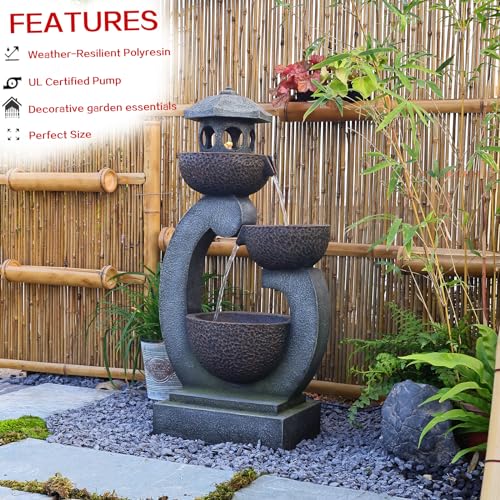 Outdoor Garden Water Fountain Modern Tranquil Zen Pagoda Waterfalls Fountains Bowl with LED Lights & Pump for Patio Yard Porch Pool Decor