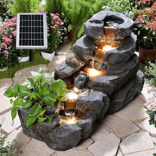 5 Tier Solar Water Fountain Outdoor Rock Waterfall Fountains