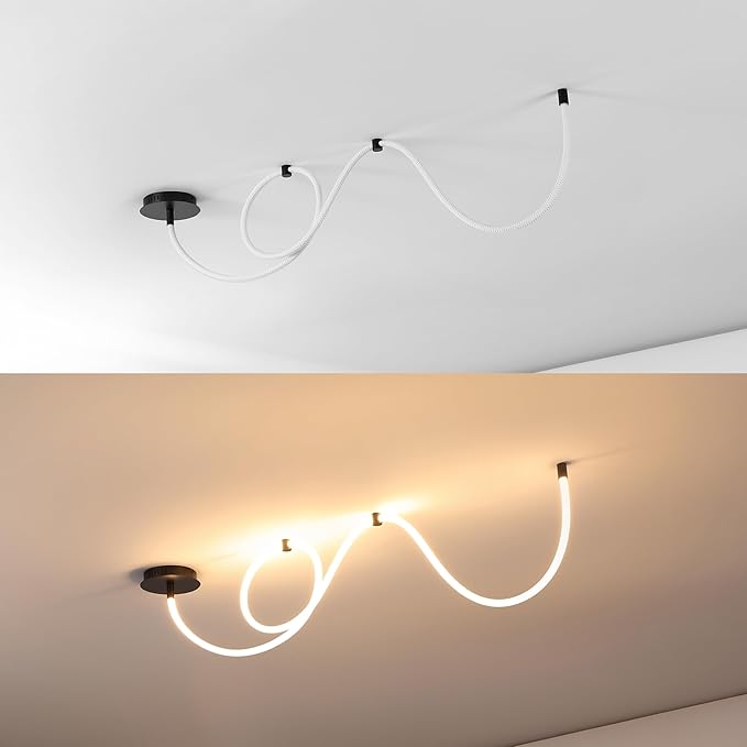 JONATHAN Y 55" Black Modern Minimalist Linear LED Flush Mount Light, 360° Adjustable Silicone Neon Rope, Dimmable Lamp for Bedroom, Living Room, Home Office (JYL7141B)