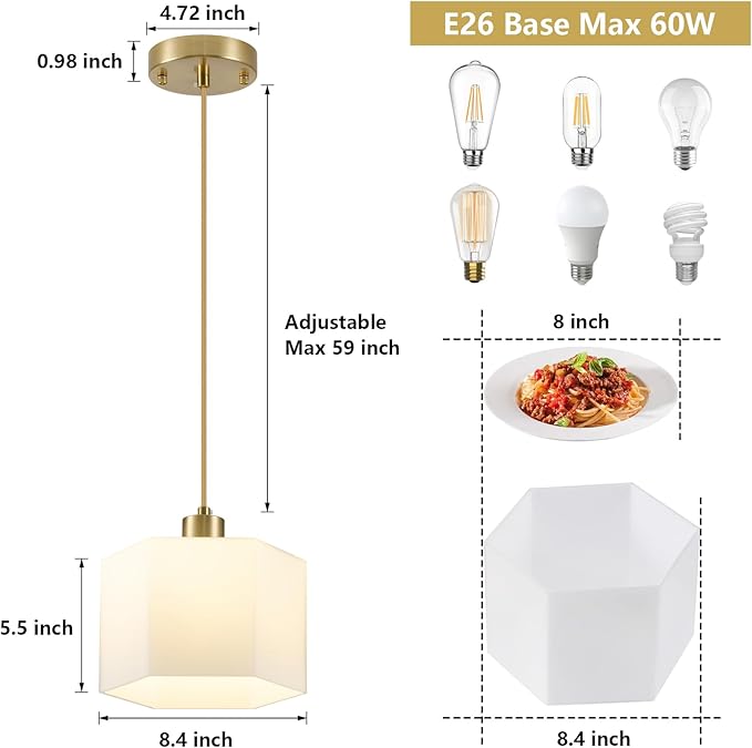 1 Pack Milk Glass Pendant Lights Kitchen Island, Modern Gold Hanging Light Fixture, Mid-Century Hexagonal Ceiling Lamp, Mini Farmhouse Chandelier for Dining Room Sink Bathroom Bedroom Hallway