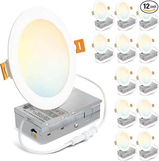 LVWIT Recessed Lighting 6 Inch 12 Pack, Ultra-Thin LED Ceiling Lights 1200LM 2700K-5000K 5CCT Dimmable Canless Recessed Lights Wafer Led Lights for Kitchen Bedroom, ETL,FCC&IC
