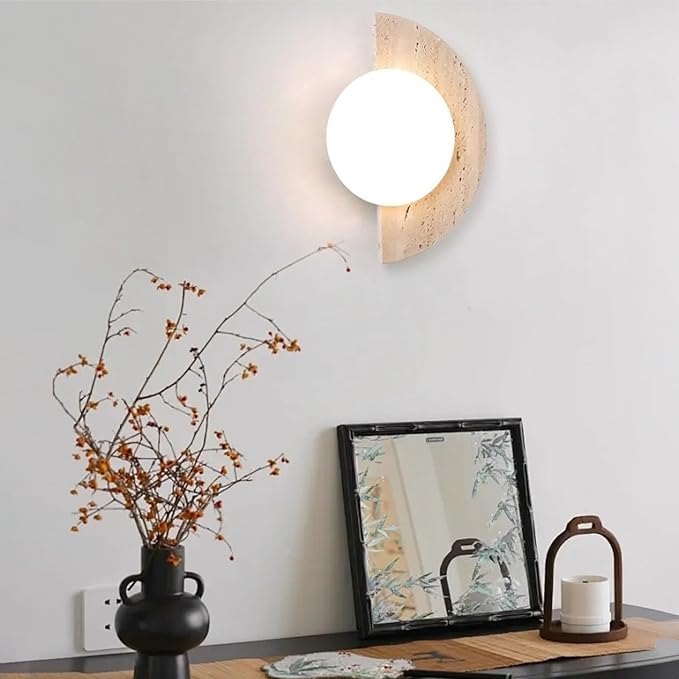 Japanese Style Wabi-sabi Art Decor Lighting Fixture, Semi Circle Yellow Travertine Wall Lamp with Glass Shade, Half Moon Natural Marble Stone Wall Sconce for Bedroom Bedside Hallway