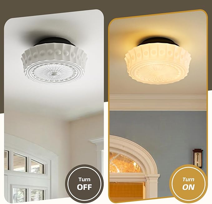 Milk Glass Schoolhouse Ceiling Light - Small 12 Inch Vintage Mid Century Modern Flush Mount Lighting Fixtures - Antique Art Deco Lamp for Hallway Bedroom Kitchen Entryway Laundry Foyer Bathroom Hall - Aura Lighting