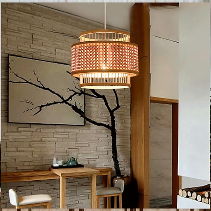 Double Layer Bamboo Pendant Light, Handwoven Japanese Zen Wabi Sabi Hanging Lamp, Natural Chandelier,Country-Style Dining Room LightFixture for Tea Room Guesthouse Living Room
