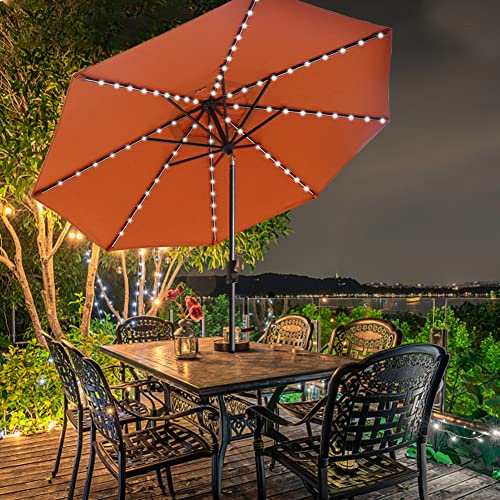 USA 10-Year-Non-Fading 9ft Market Patio Umbrella, Commercial Grade Table Sun Umbrella with 80 Solar LED Lights, Crank Open, Windproof & UPF 50+ UV Protection for Garden, Deck, Pool, Backyard, Rust