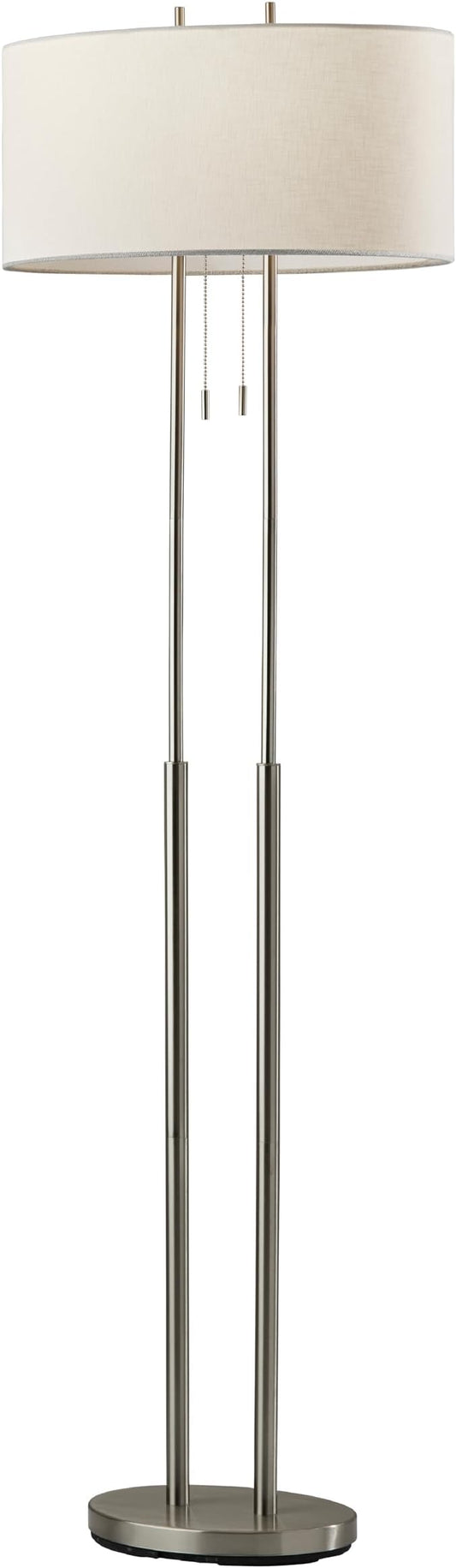 Adesso Brushed Steel Floor Lamp with Ivory Fabric Shade – Dual Pull Chain, Double Socket Design Accent Light for Bedroom, Living Room, or Home Office, 62” Tall