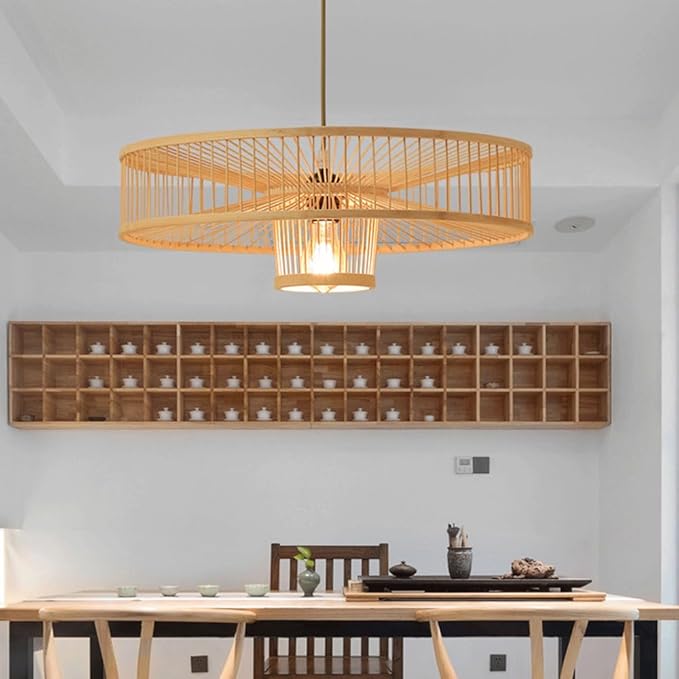 Natural Bamboo Pendant Light,19.7in Large Cylindrical Lantern Chandelier,Japanese Wabi Sabi Hanging Lamp,New Chinese Tea Room Lighting Fixture for Kitchen Island Dining Room Study Cafe