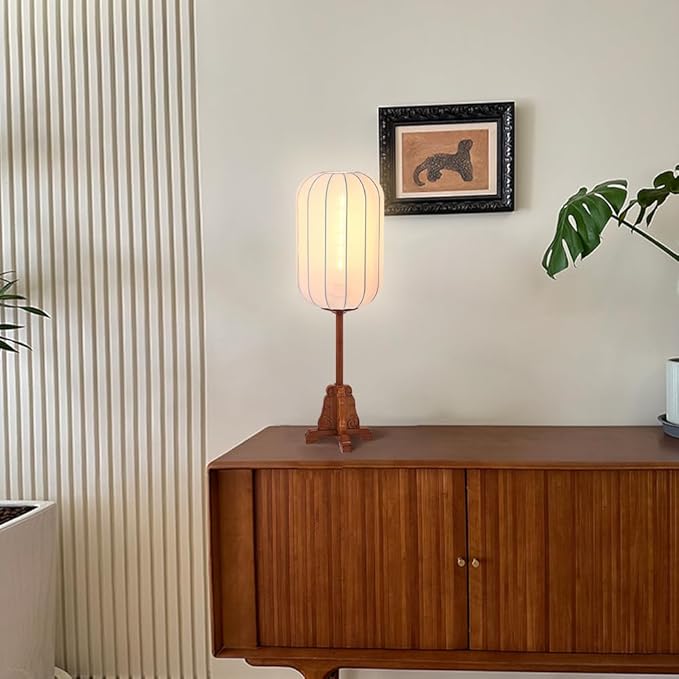 Wood Table Lamp Chinese Style Lantern Desk Light with Fabric Shade Japanese Lamp Lantern Wooden Standing Lights for Nightstand, Dresser, Living Room, Restaurant, Office