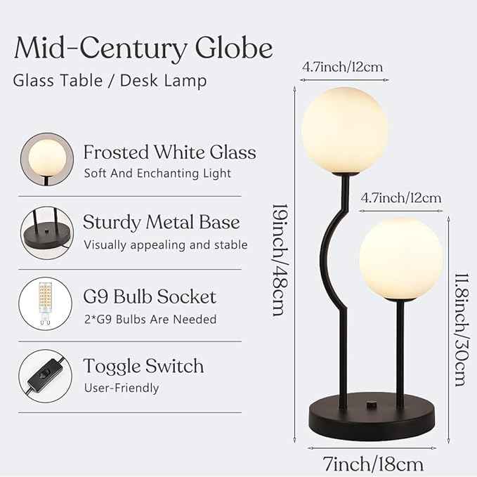 Black Mid Century Globe Table Lamp Industrial Retro 2 Lights Orb Desk Lamp with White Glass Globe Bedside Reading Light for Bedroom Living Room Study Room