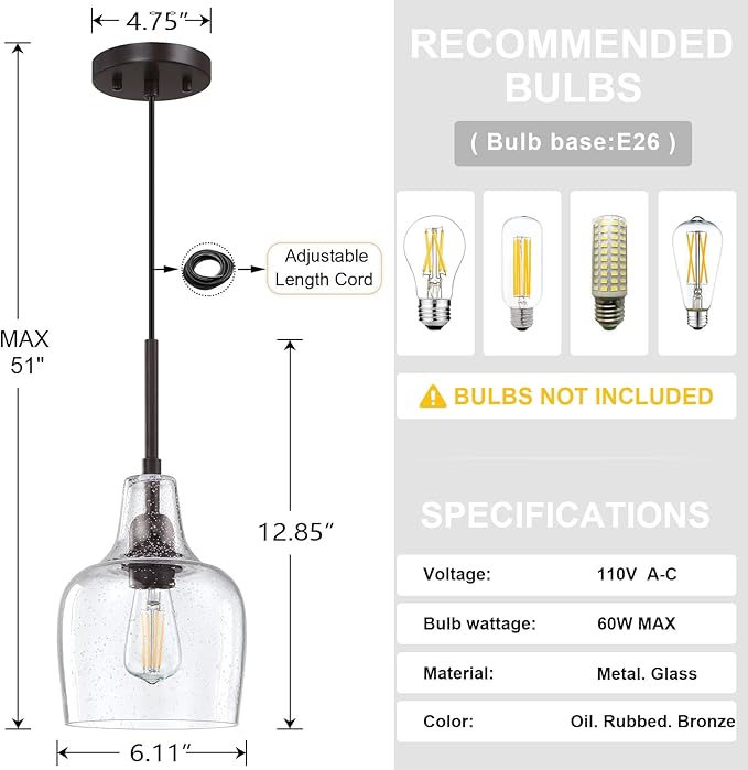 3 Pack 1 Light Indoor Hanging Kitchen Island Pendant Ceiling Light 6.1" Clear Seeded Glass Fixture,Oil Rubbed Bronze Finish for Farmhouse Over Sink Bedroom Hallway