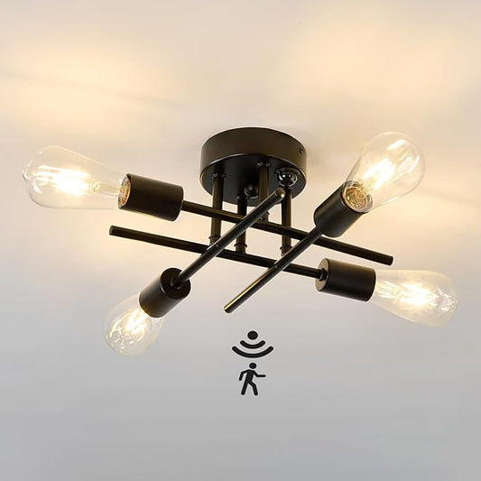 ZGLAOJT Indoor Ceiling Light with Motion Sensor 4 Light Semi Flush Mount Ceiling Light Black Matte with E26 Base Modern Chandelier for Farmhouse Kitchen Dining Room Bedroom Study Living Room.