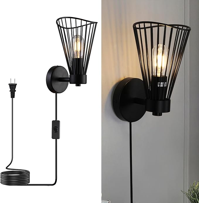 Plug in Wall Sconce Indoor Large Industrial Wall Sconces Farmhouse Wall Lamp with Plug in Cord Vintage Black Wall Lights with On/Off Switch Wall Light Fixture for Living Room Bedroom Rustic - Aura Lighting