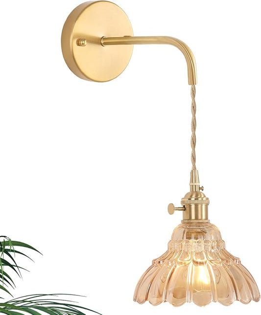 Vintage Wall Sconce with Amber Lily of The Valley Shade Pattern Glass Adjustable Chain Retro Gold Wall Mounted Light, Modern Wall Lamp Fixtures Decor for Bedside Bedroom Indoor Doorway - Aura Lighting