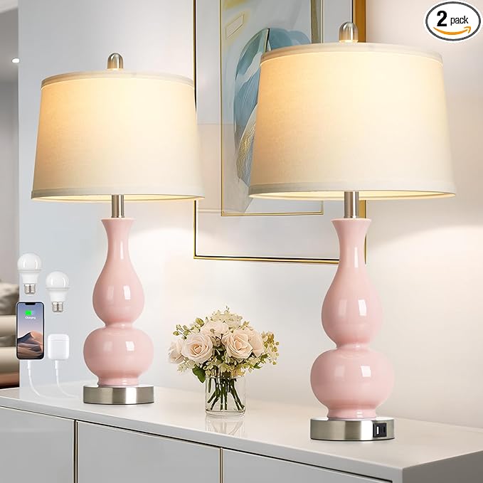 27" Pink Double Gourd Ceramic Lamps for Bedroom, Modern Ceramic Living Room Lamp with USB A+C Ports, Cute Bedside Table Lamps Set of 2, Tall Lamp for Night Stand Side End Table Home Decor