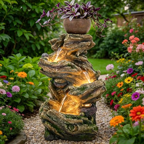 33" Rustic Tree Trunk Outdoor Water Fountain with Planters