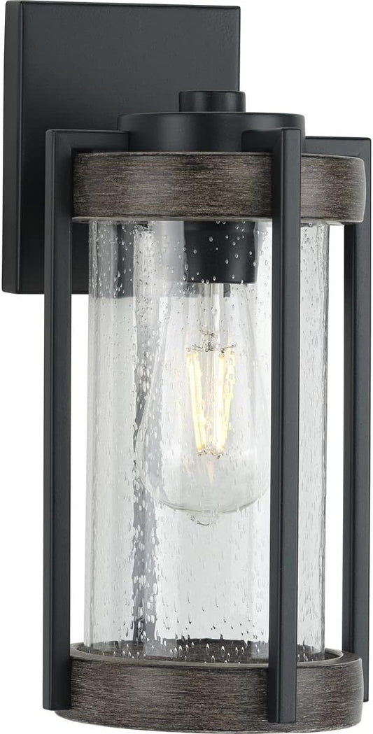 Whitmire Collection 1-Light Clear Seeded Glass Light Aged Oak Accents Farmhouse Outdoor Wall Lantern Light Matte Black