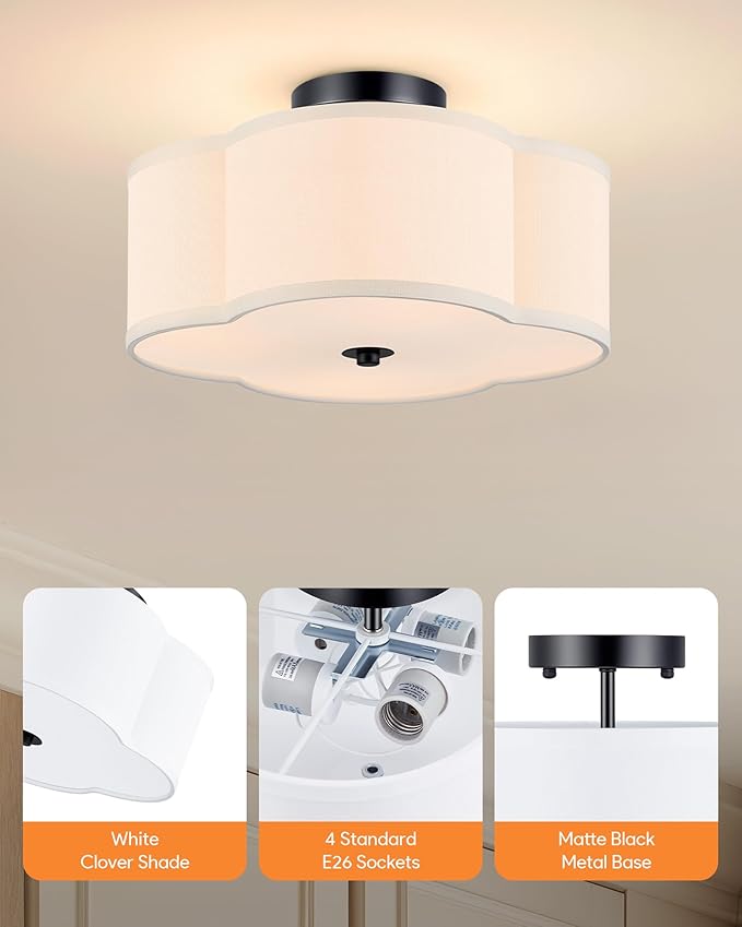VONLUCE Semi-Flush Mount Ceiling Light, 12.8" Modern 4-Light Ceiling Light Fixture with White Clover-Shaped Shade 4 E26 Sockets for Bedroom Entryway Living Room, Black Finish, ETL Certificated - Aura Lighting