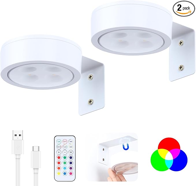 2 Pack Wireless Picture Lights for Wall,Rechargeable Picture Light Battery Operated with Remote,Dimmable Painting Light for Art Display,RGB Battery Wall Lights for Dartboard Photo Frame Gallery.White