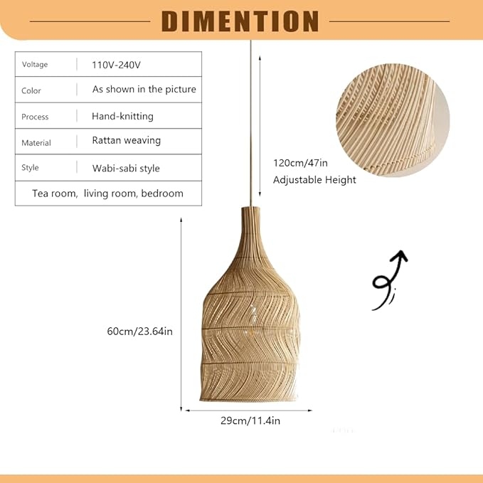 Wabi-Sabi Style Rattan Pendant Light, Handwoven Bottle Shape Hanging Lamp, Natural Bohemian Style Bedroom Hanging Light Fixture with E27 Base for Tea Room Living Room Bedroom Guesthouse