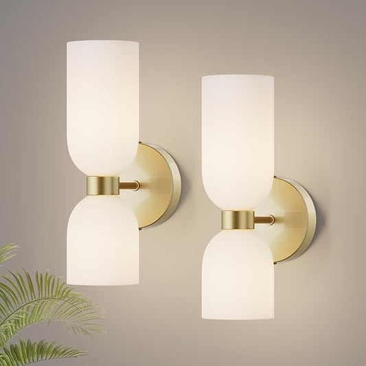 Tiapce 2 Light Modern Bathroom Light Fixtures Over Mirror,Brass Finish Vanity Lights for Bathroom Wall Sconces with Milky White Glass Shades,E12 Socket (Bulbs Not Included)