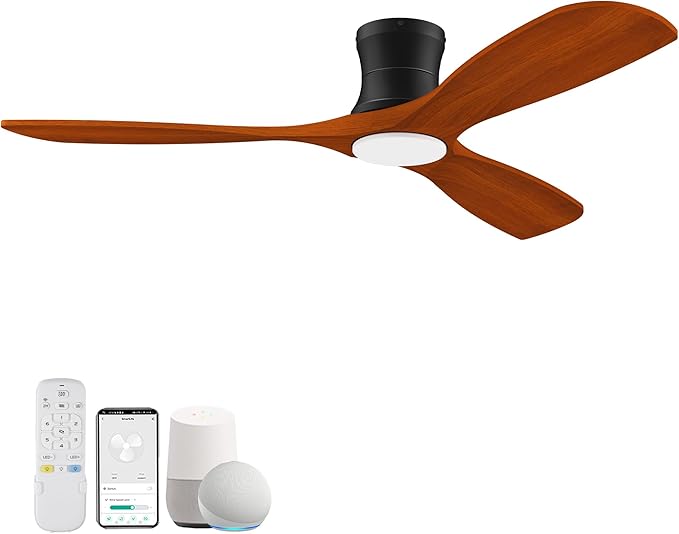 52' Smart Wood Low Profile Ceiling Fan with Lights Remote, Quiet DC Motor, Outdoor Indoor Flush Mount, Voice Control via WIFI Alexa App, Modern Dimmable Lighting for Bedroom Patio - Aura Lighting