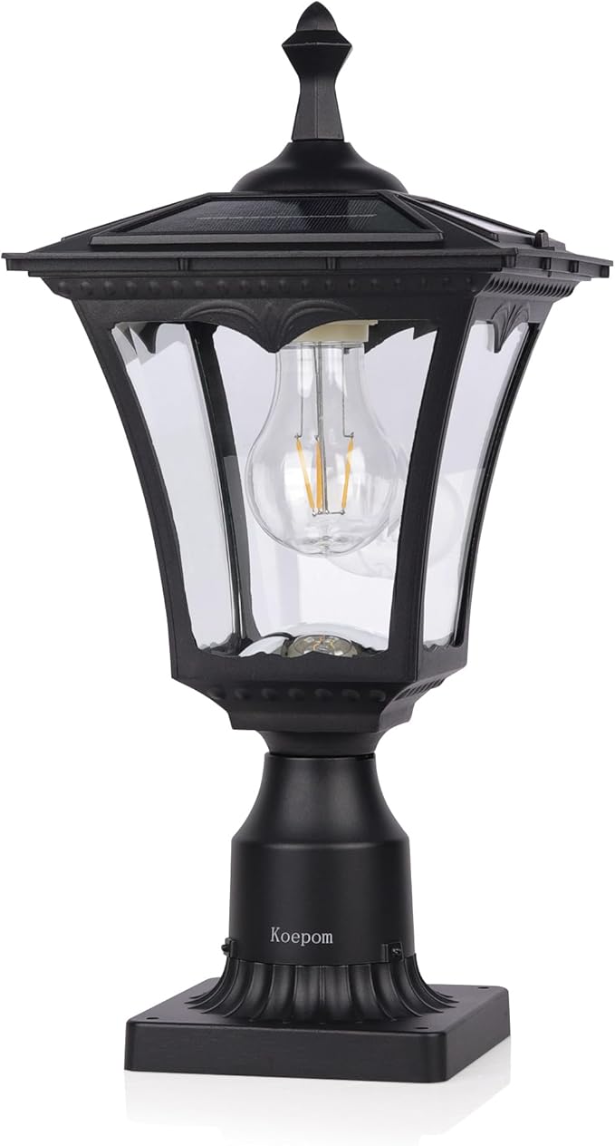 KP4301Q Outdoor Solar Post Lights with Glass lampshade, Heavy Duty Die-Casting Aluminum LED Solar Pillar Light for Gate Column, Driveway, Pathway,Garden, Patio, Matte Black