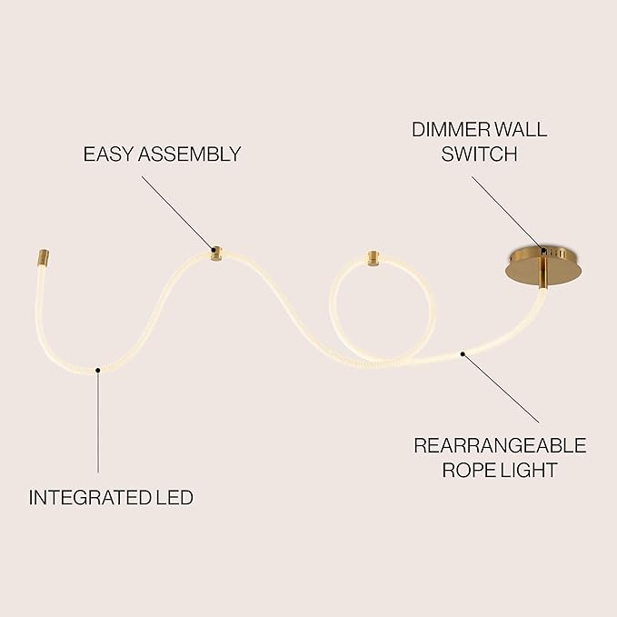 JONATHAN Y 55" Brass Gold Modern Minimalist Linear LED Flush Mount Light, 360° Adjustable Silicone Neon Rope, Dimmable Lamp for Bedroom, Living Room, Home Office JYL7141A
