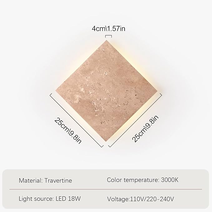 Japanese Style Wabi-Sabi Art Decor Lighting Fixture, Square Natural Stone LED Wall Sconce, Nordic Modern Marble Wall Light, Yellow Travertine Wall Lamp for Bedroom Entryway Living Room