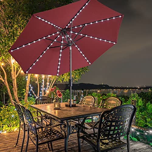 USA 10-Year-Non-Fading 9ft Market Patio Umbrella, Commercial Grade Table Sun Umbrella with 80 Solar LED Lights, Crank Open, Windproof & UPF 50+ UV Protection for Garden, Deck, Pool, Backyard, Burgundy