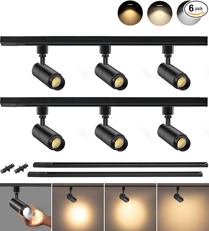 VANoopee 3-Color Zoomable 6 Light LED Track Lighting Kit with 6.6FT H Type Track Lighting Rail, LED Track Light Heads Dimmable Modern Kitchen Track Lighting Fixtures Ceiling Spotlight 10W 1000lm Black - Aura Lighting