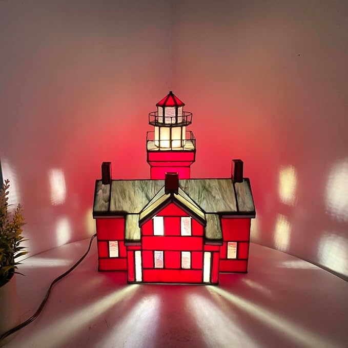 Bieye L10926 Big Bay Point Lighthouse Tiffany Style Stained Glass Accent Table Lamp for Home Decor