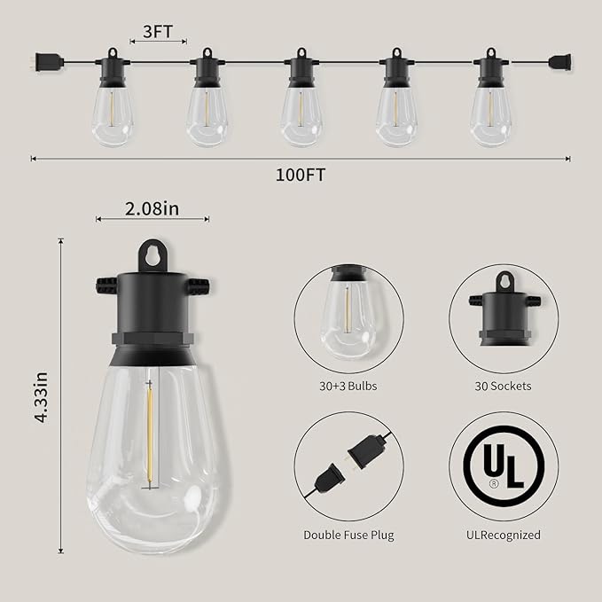 100 FT Outdoor String Lights IP65 Waterproof Patio Lights with 30 + 3 Shatterproof LED Bulbs Commercial Grade LED String Lights Connectable Hanging Decorative Lights for Outdoor Terrace Yard