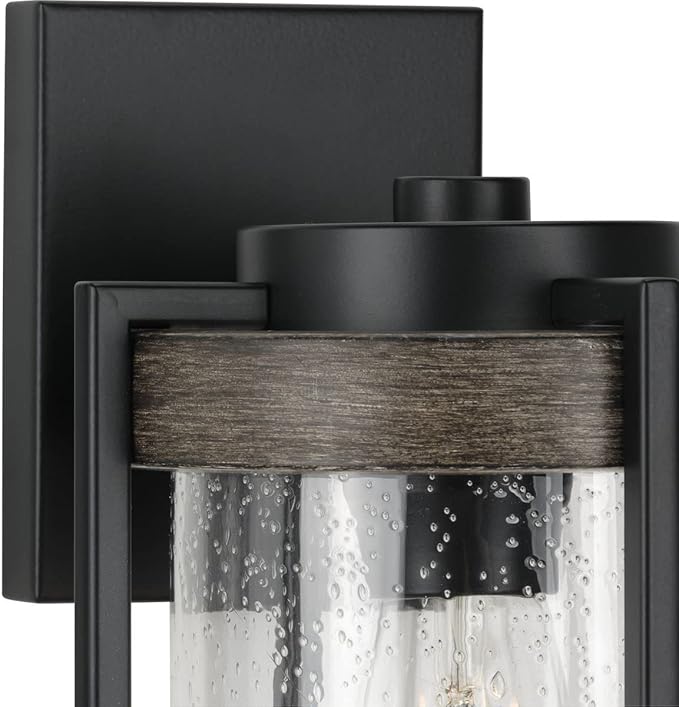 Whitmire Collection 1-Light Clear Seeded Glass Light Aged Oak Accents Farmhouse Outdoor Wall Lantern Light Matte Black