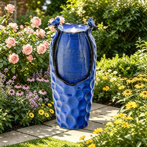 Autodaya 33" Vase Ceramic Outdoor Water Fountain with Lights and Birds