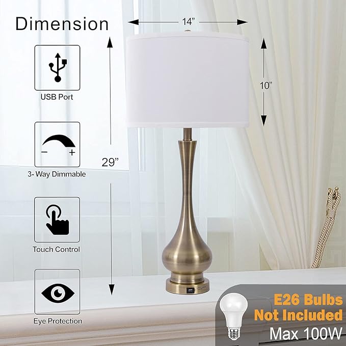 Touch Lamp for Bedrooms Set of 2, 3-Way Dimmable Nightstand Lamp Sets with Linen Fabric Shade, Bedside Lamp with USB Port & E26 Socket, Modern Tall Table Lamp for Bedroom, Living Room, Office