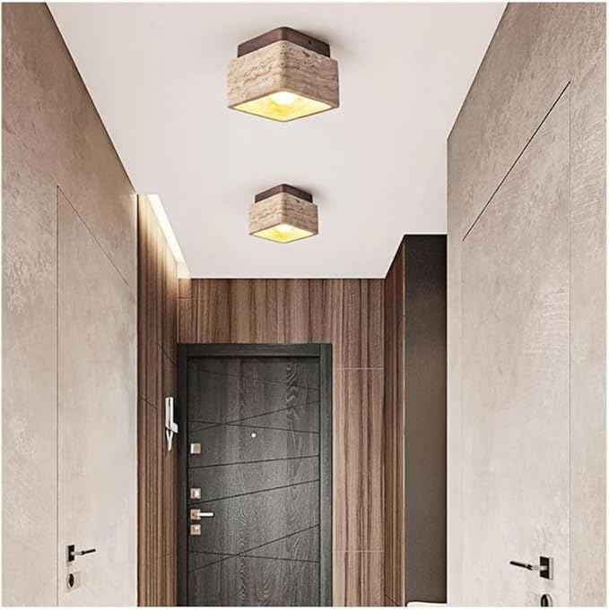 Modern Natural Travertine Ceiling Light, Square Flush Mount Lamp Wabi-Sabi Hallway Lamp, Stone Entryway Fixture Hand Polished Rustic Decor for Aisle and Corridor, 4.7 Inch(Walnut)