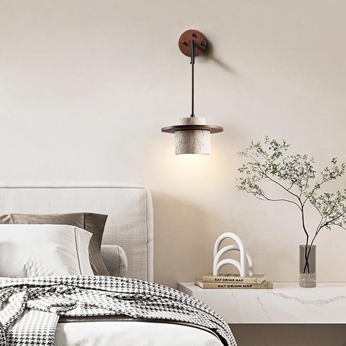 Japanese Wabi-sabi Style Natural Stone Wall Lamps Creative Vintage Beige Wall Light with E26/E27 Base Solid Wood Wall Sconces for Home Decoration Living Room Corridor Coffee Shop(Style 1)