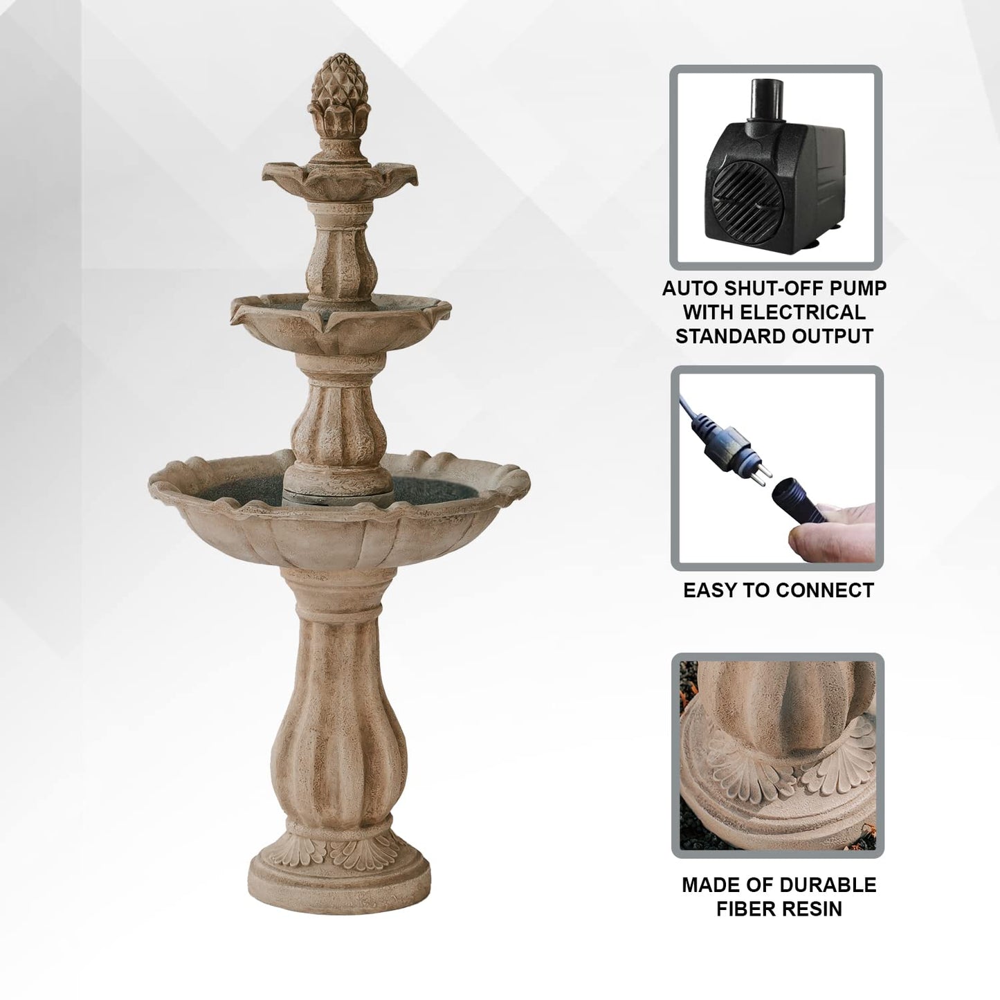 51" 3 Tier Outdoor Freestanding Waterfall Fountain with Pump and Pineapple Finial