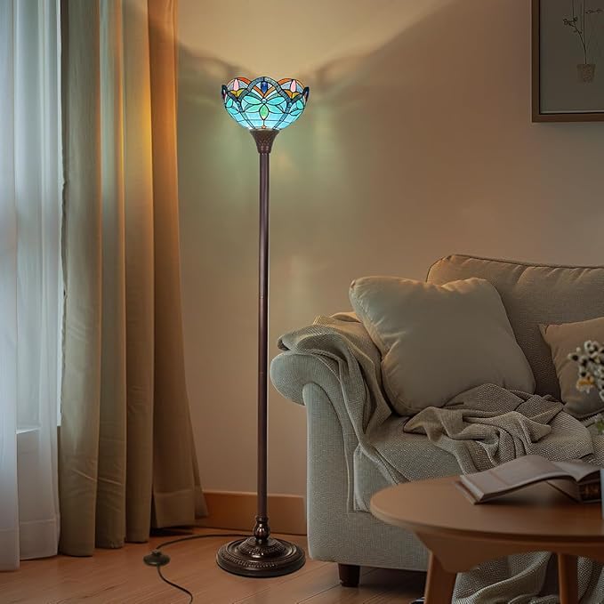 Tiffany Torchiere Floor Lamp - 70" Tall Antique Style Blue Stained Glass Corner Standing Light for Living Room, Bedroom & Home Office