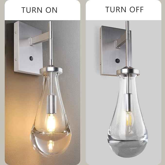 HuisMier Brushed Nickel Wall Sconce, Raindrop Wall Sconces with On Off Switch Button, Modern Clear Glass Wall Light Fixture Vanity Wall Lamp for Bathroom Bedroom Living Room Hallway
