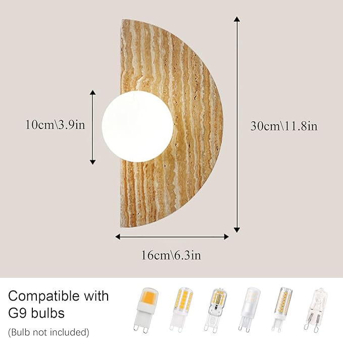 Japanese Style Wabi-Sabi Art Lighting Fixture, Half Moon Semi Circle Yellow Travertine Wall Lamp with Glass Shade, Nordic Modern Marble Wall Sconce for Bedroom Living Room Hallway Entryway