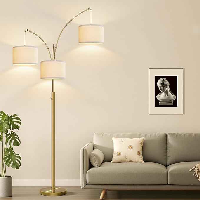 Nintiue Dimmable Floor Lamp - 3 Lights Brass Floor Lamps for Living Room Linen White Shades & Heavy Base, Mid Century Tree Floor Lamp for Bedroom Office, 3 LED Bulbs Included