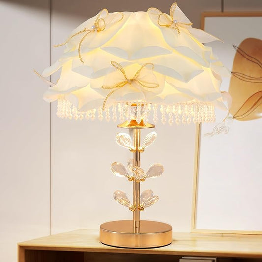 Cute White Flower Lamp Girls Bedroom Modern Bow Desk Lamp Crystal Princess Bedside Light Nordic Table Lamp for Living Room Wedding Deco Study Room Entry Office Christmas - Aura Lighting