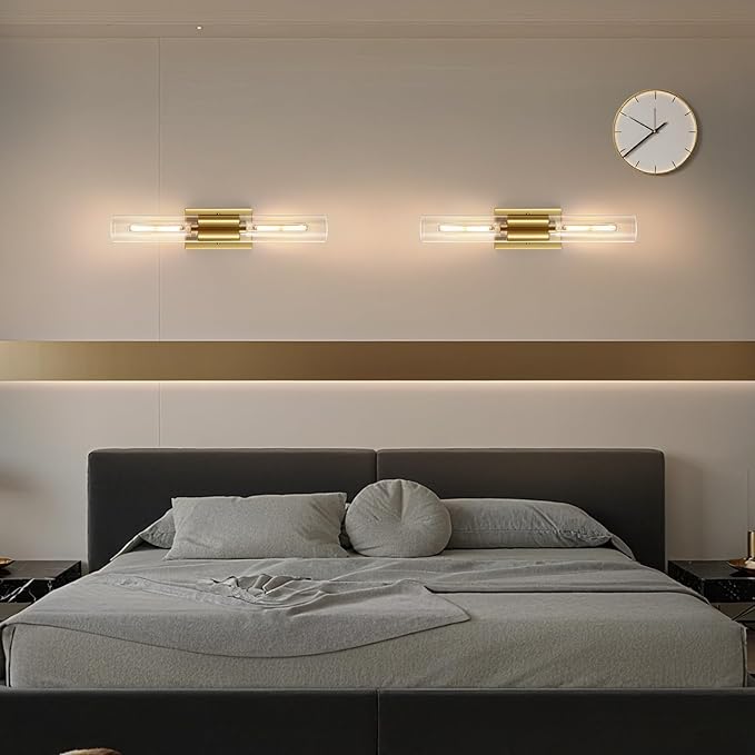 21" Gold Wall Sconces Set of Two, 2-Light Bathroom Sconces Vanity Light Tube Sconce, Clear Glass Indoor Hardwired Mounted Wall Lighting for Living Room,Bedroom,Hallway-Gold Clear (Bulb Not Included) - Aura Lighting