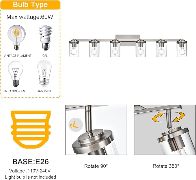 BONLICHT Transitional 6-Light Glass Track Lighting Kit Directional Ceiling Spot Light Brushed Nickel Modern Bathroom Vanity Wall Lights for Kitchen Living Room Office, Flexibly Rotatable Light Head - Aura Lighting
