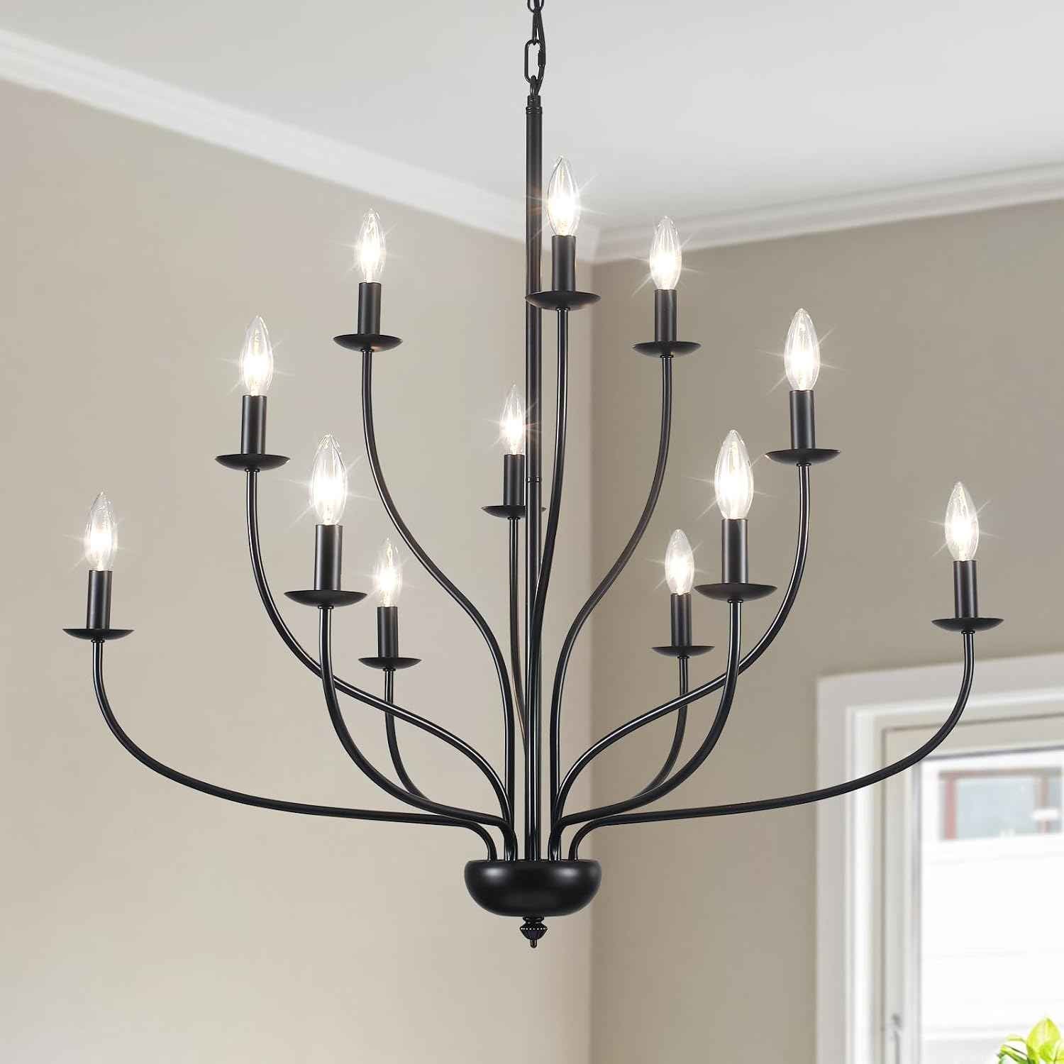 Black Chandelier for Dining Room, 12-Light Large Foyer Chandelier for High Ceilings, 36" Industrial Candle Light Fixtures, Modern Farmhouse Chandeliers for Living Room Staircase Entryway Kitchen