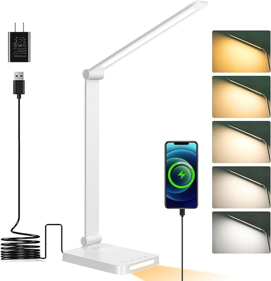 Dott Arts LED Desk Lamp with USB Ports, Touch Control, 5 Color Modes, 3 Brightness Levels, Foldable Design, White - Aura Lighting