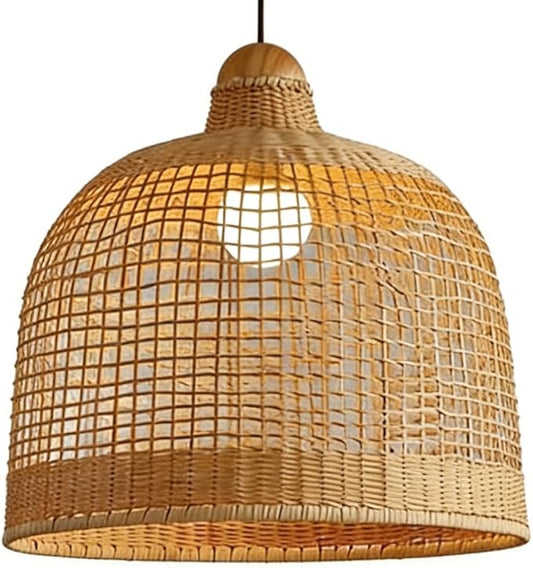 Rattan Wicker Pendant Light,Japanese Wabi-Sabi Vintage Bamboo Chandelier,Zen Natural Handwoven Hanging Lamp with Solid Wood Ceiling Plate,Living Room Fixture for Dining Room Bedside